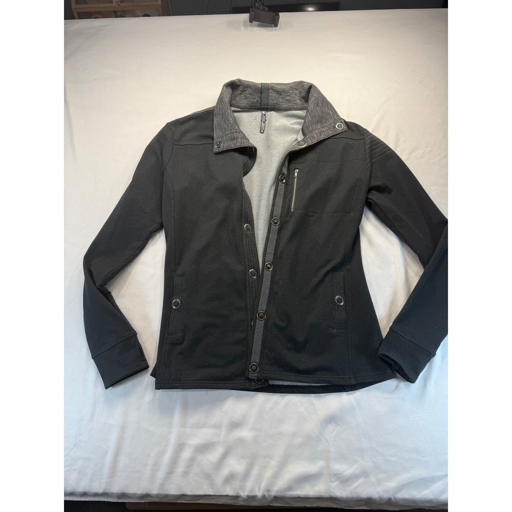 KUHL Womens XL Black Snap Front Jacket Moto Shoulder Thumbholes Lightweight Coat